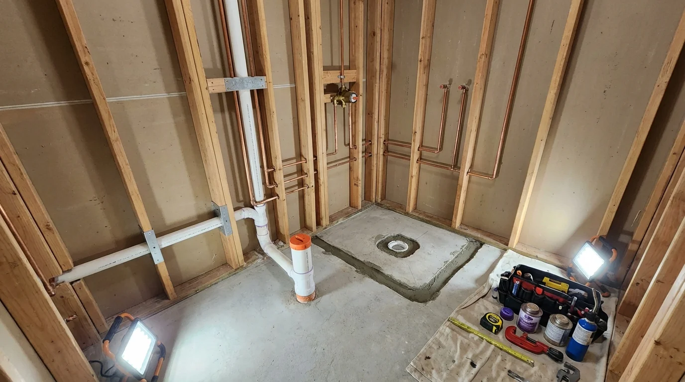 Bathroom rough-in plumbing during remodel by Johns Plumbing LLC in Kenmare