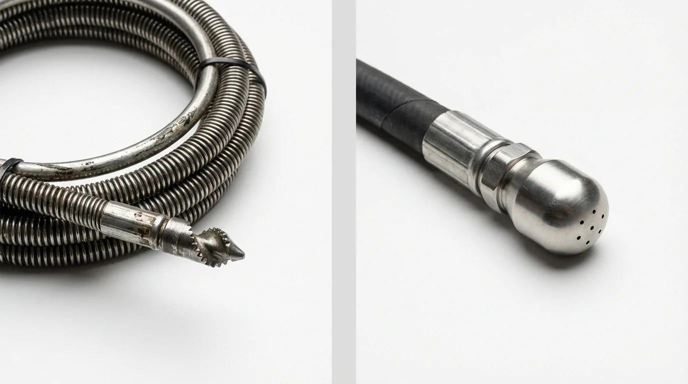 Drain snake cable and hydro jetting nozzle used for drain cleaning in Kenmare, ND