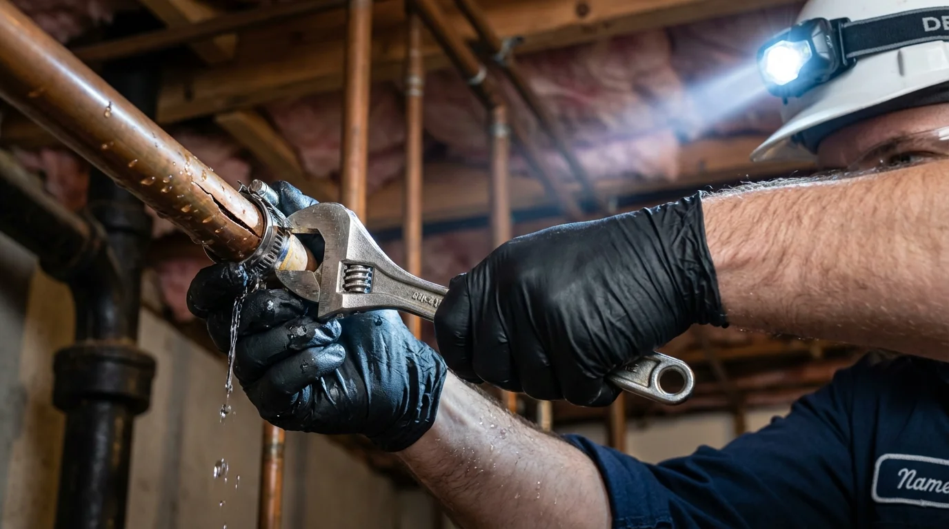 Emergency pipe clamp repair being performed by a Johns Plumbing LLC plumber in Kenmare