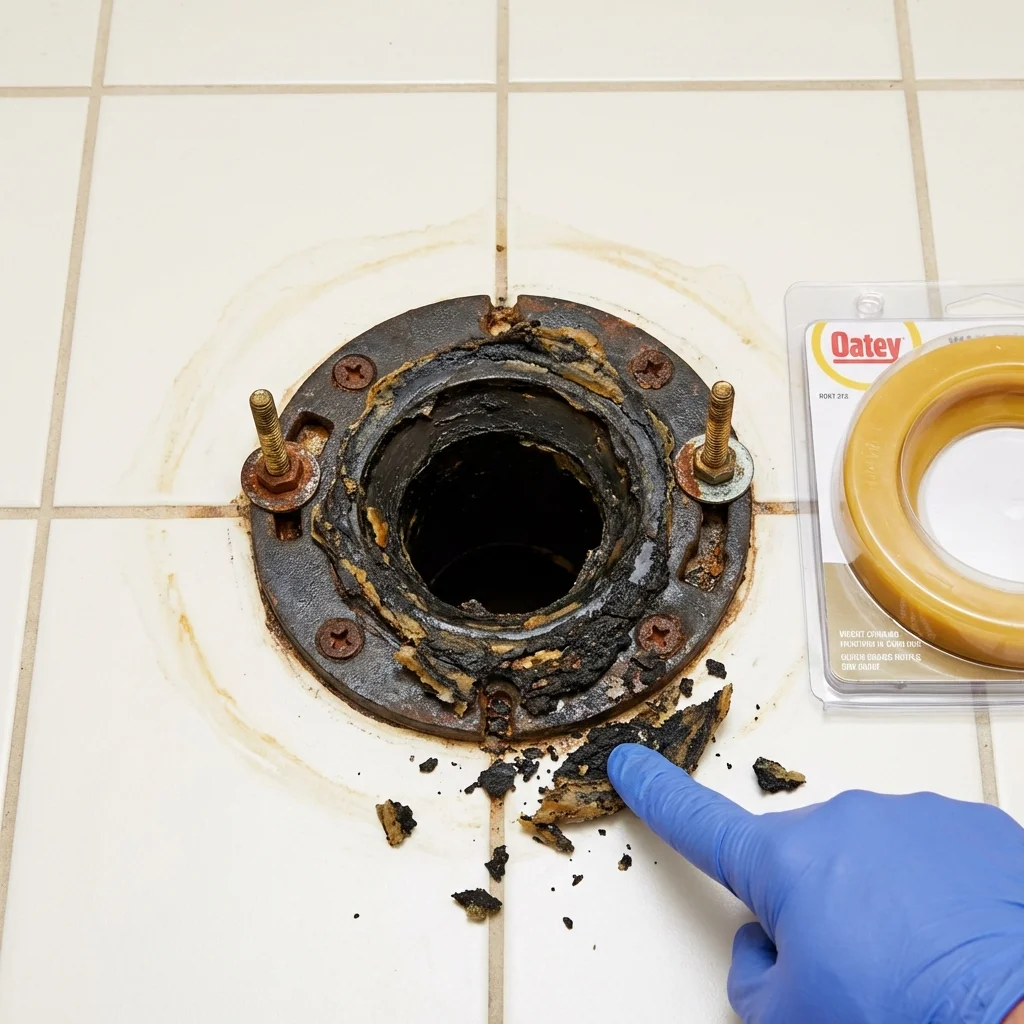Failed wax ring showing water seepage at the base of a toilet in a Kenmare, ND home